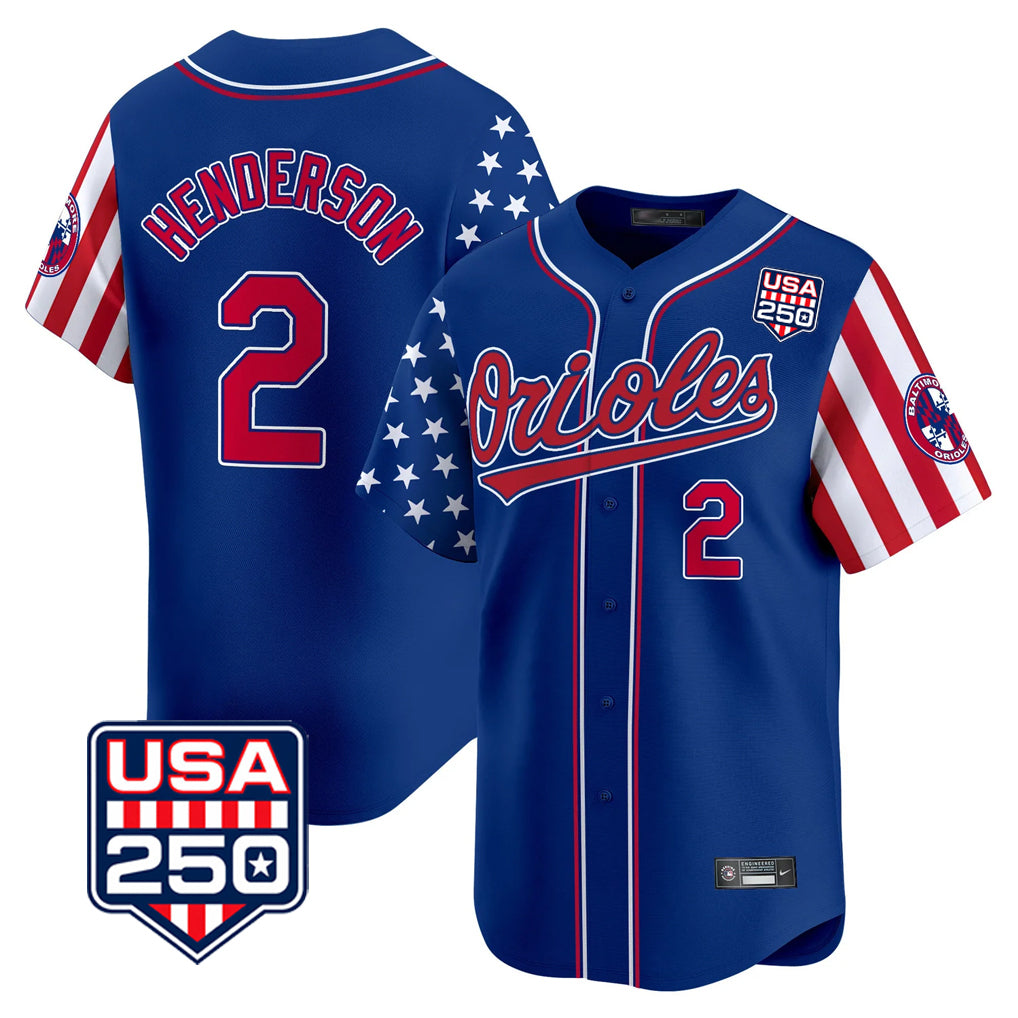 Baltimore Orioles #2 Gunnar Henderson Player Royal HOLBERT USA 250 Independence Day Vapor Premier Limited Home Game Stitched Jerseys