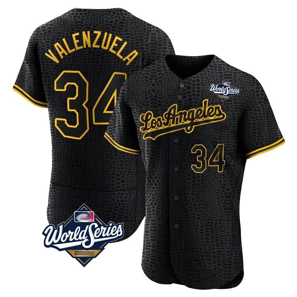 Los Angeles Dodgers #34 Fernando Valenzuela Player Black HOLBERT World Series Snake Skin City Limited Elite Home Stitched Jerseys