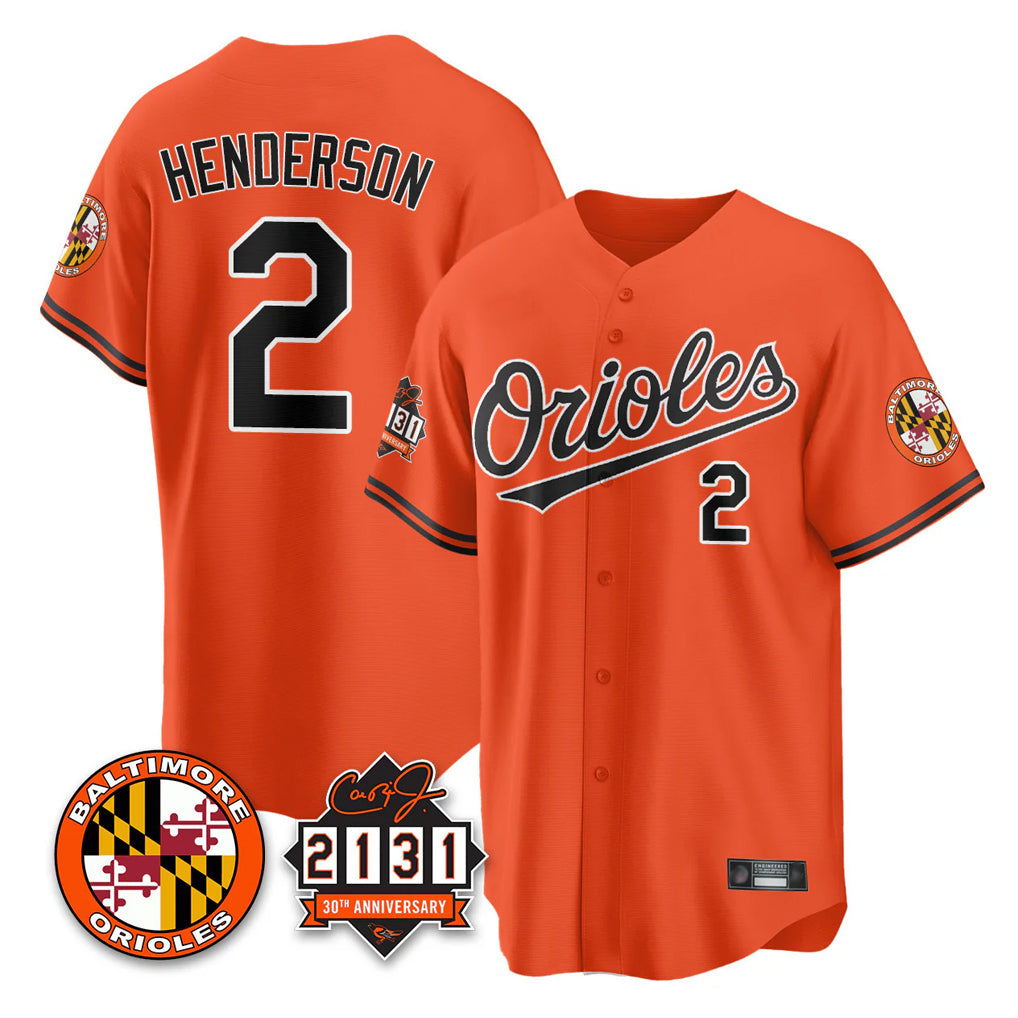 Baltimore Orioles #2 Gunnar Henderson Player Orange HOLBERT 30th Anniversary of 2131 Home Game Stitched Jerseys