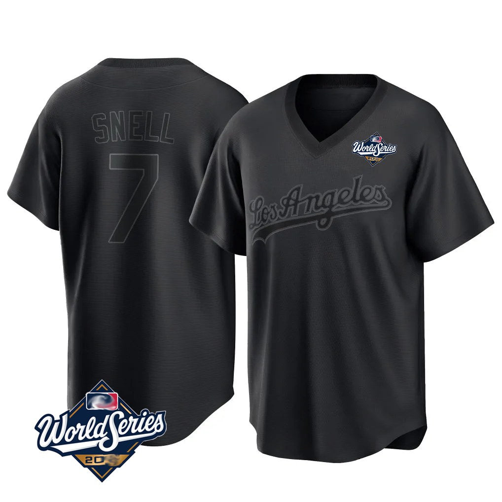 Los Angeles Dodgers #7 Blake Snell Player Black HOLBERT Pitch Fashion World Series T-shirt Stitched Jerseys