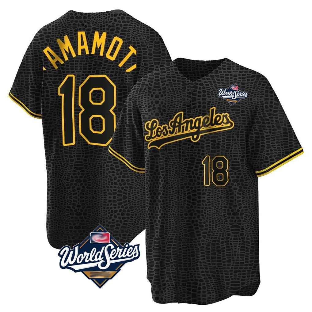 Los Angeles Dodgers #18 Yoshinobu Yamamoto Player Black Gold HOLBERT World Series Limited Home Stitched Jerseys