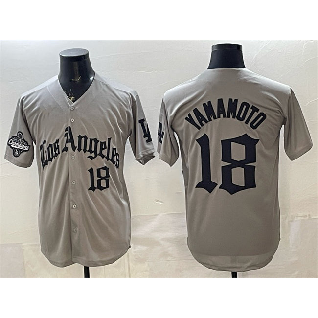 Los Angeles Dodgers #18 Yoshinobu Yamamoto Grey HOLBERT LA Gothic Style With 2025 World Series Champions Patch Limited Stitched Jersey