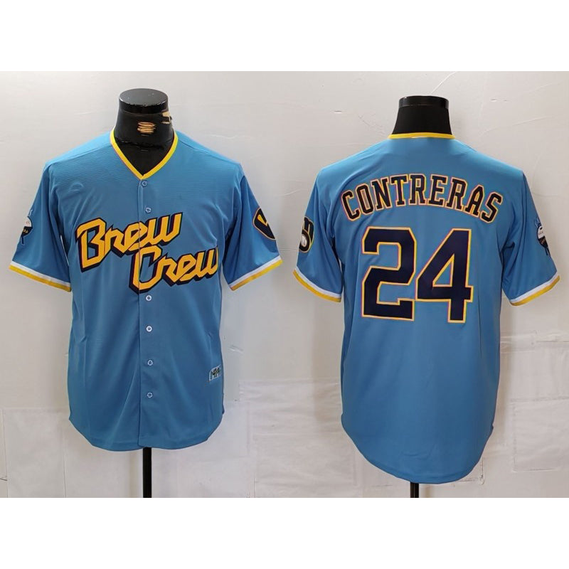 Milwaukee Brewers #24 William Contreras Blue HOLBERT 2022 City Connect Cool Base Stitched Jersey