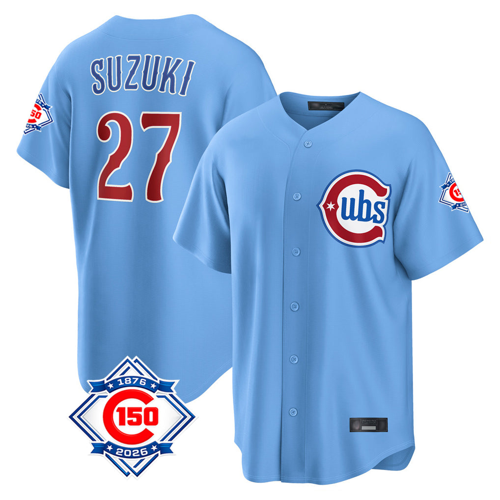 Chicago Cubs #27 Seiya Suzuki Player Light Blue HOLBERT 150th Anniversary Home Game Stitched Jerseys