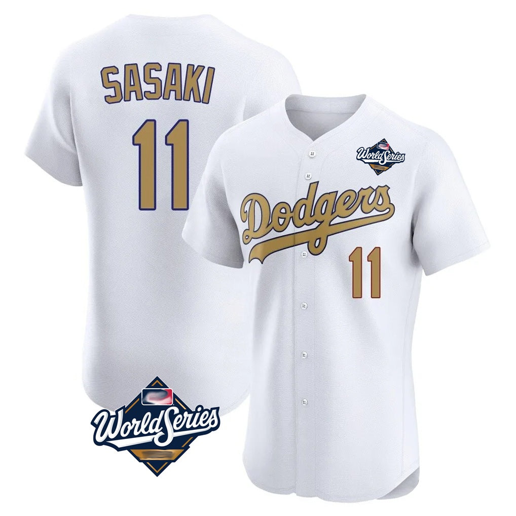 Los Angeles Dodgers #11 Roki Sasaki Player White Gold HOLBERT World Series Limited Elite Home Stitched Jerseys