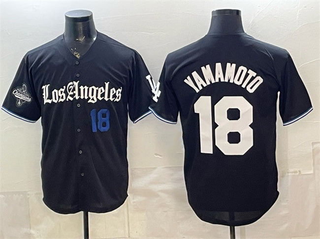 Los Angeles Dodgers #18 Yoshinobu Yamamoto Black HOLBERT 2025 World Series Champions Patch 'Gothic Edition' Vapor Premier Limited Stitched Jersey