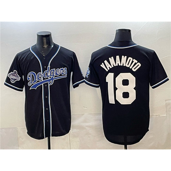 Los Angeles Dodgers #18 Yoshinobu Yamamoto Black HOLBERT 2025 World Series Champions Patch Cool Base Stitched Jersey