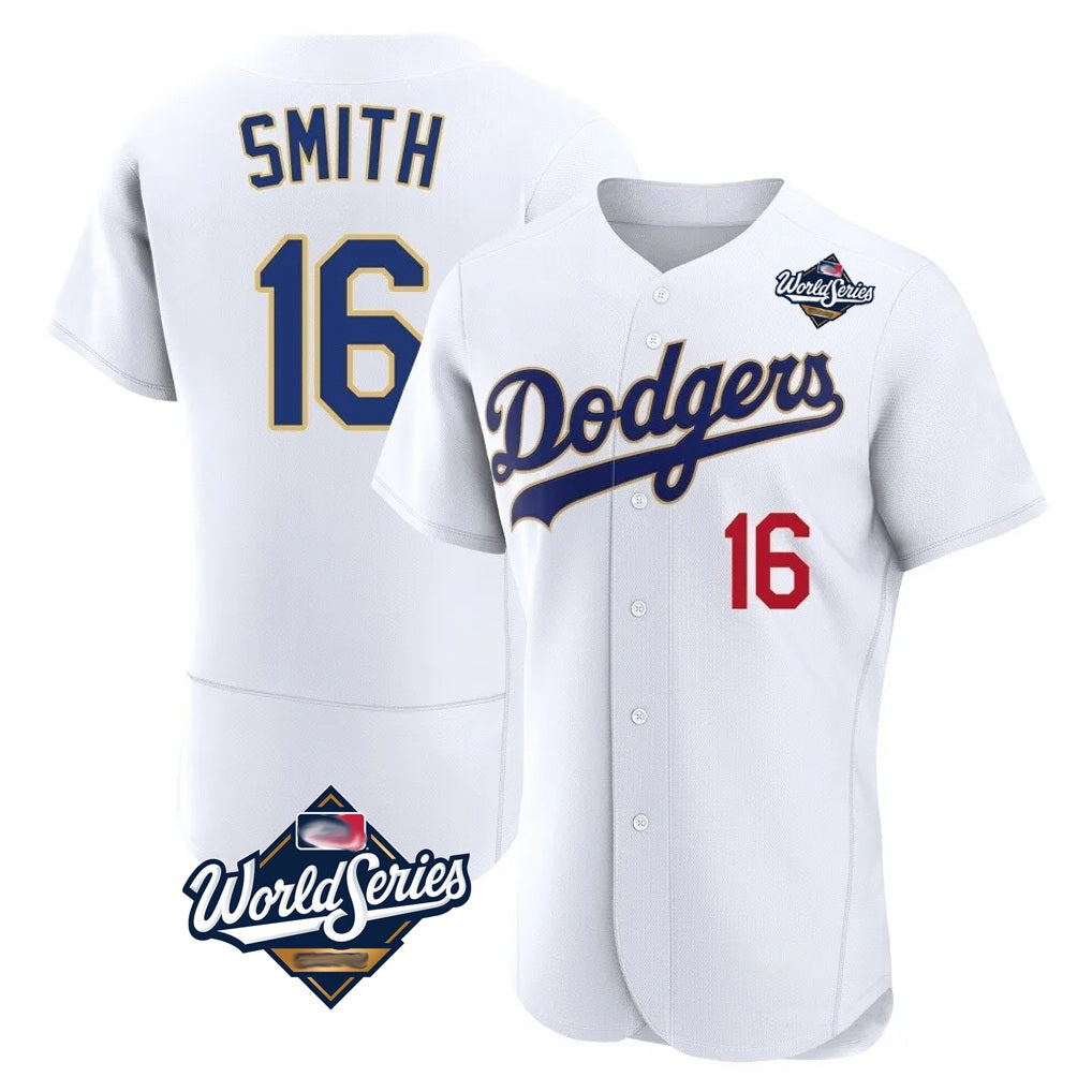 Los Angeles Dodgers #16 Will Smith Player Gold White HOLBERT World Series 2026 Collection Stadium Limited Elite Stitched Jerseys