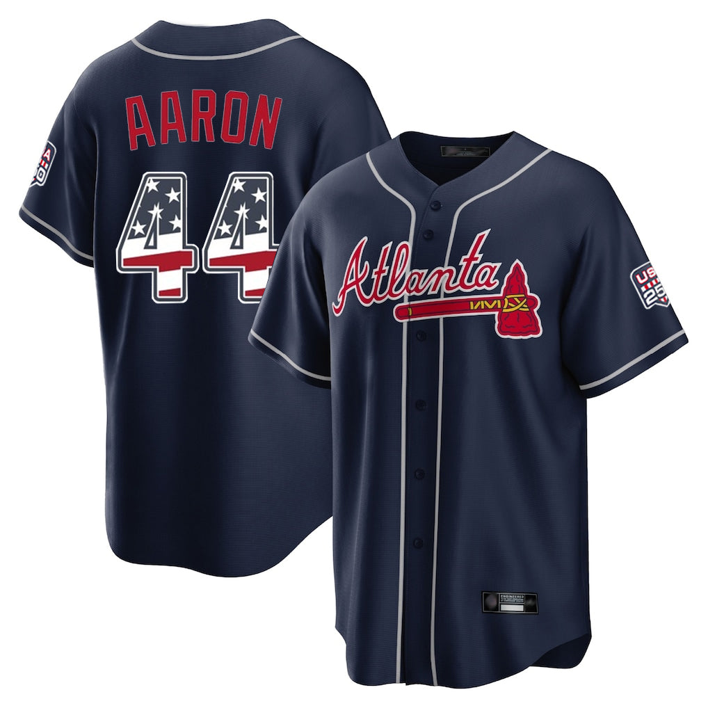 Atlanta Braves #44 Hank Aaron Player Navy HOLBERT USA 250 Fourth Of July Limited Home Game Stitched Jerseys