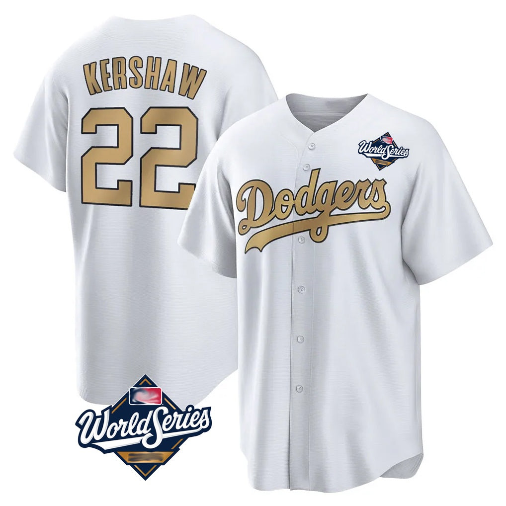 Los Angeles Dodgers #22 Clayton Kershaw Player White Gold HOLBERT World Series Collection Game Home Stitched Jerseys
