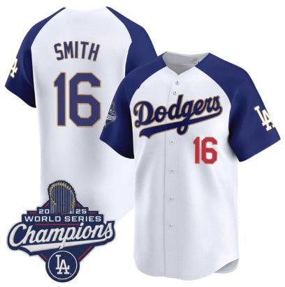 Los Angeles Dodgers #16 Will Smith White Blue HOLBERT 2025 Champions Stitched Jersey