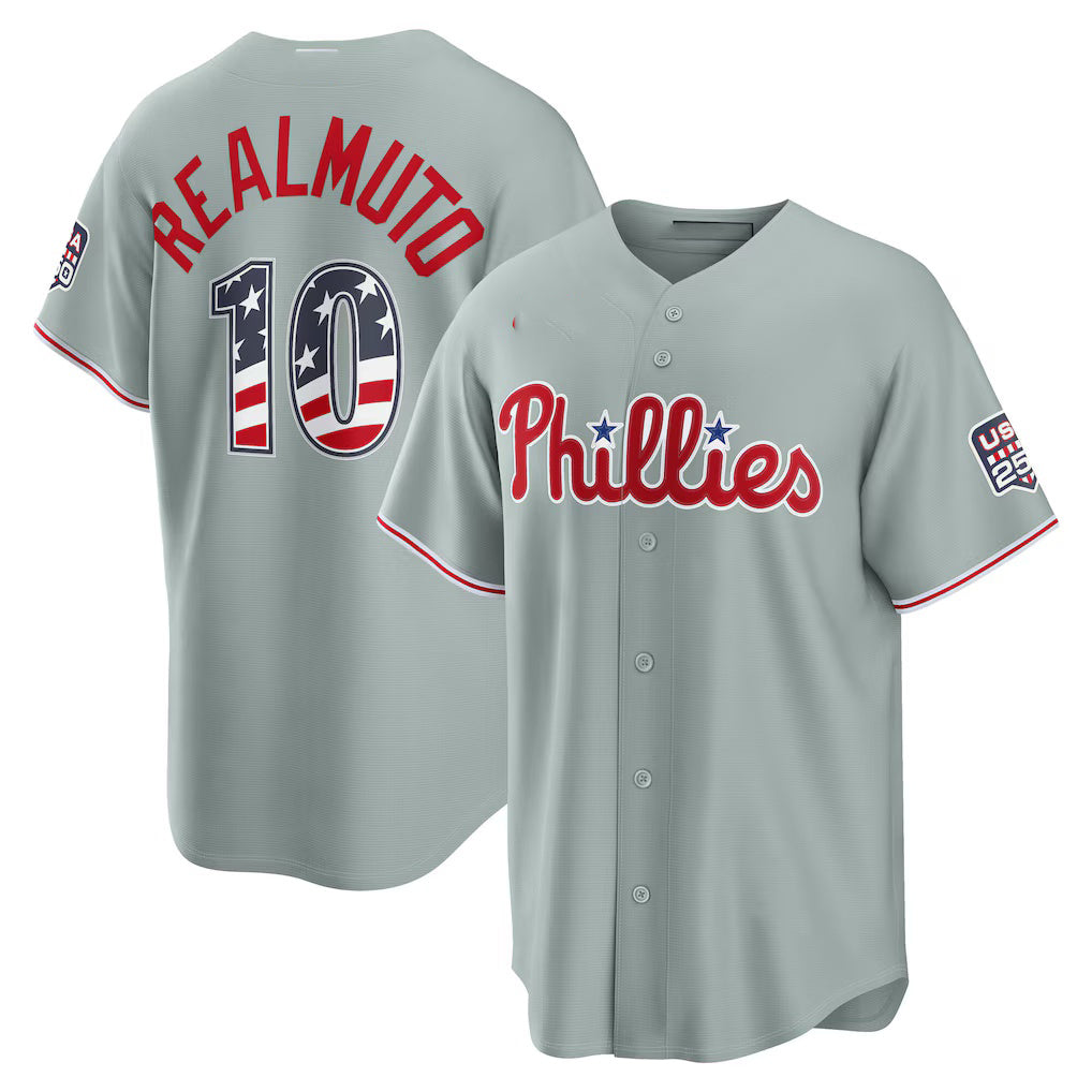 Philadelphia Phillies #10 J.T. Realmuto USA 250 Fourth of July Road Stadium Jersey - Gray HOLBERT
