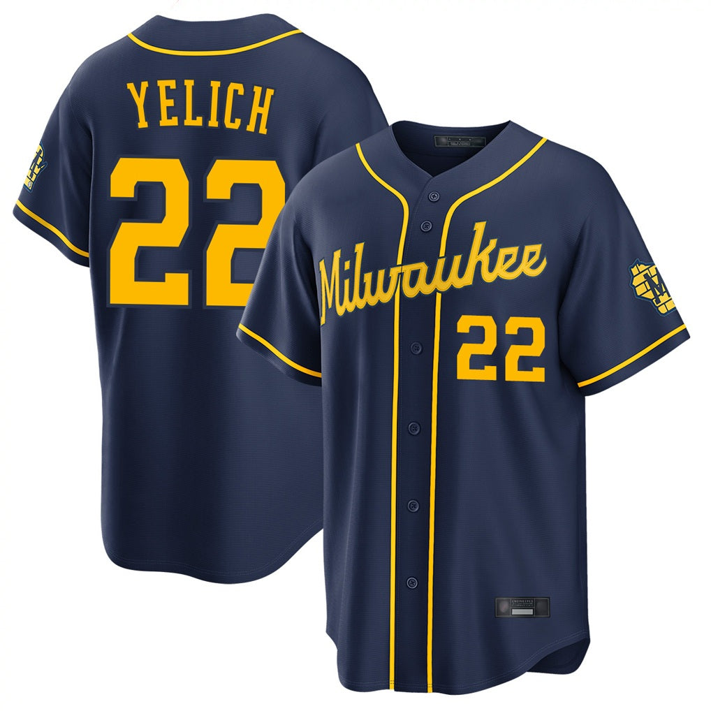 Milwaukee Brewers #22 Christian Yelich Player Navy HOLBERT Home Stadium Game Stitched Jerseys