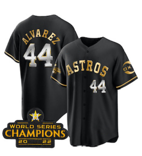 Houston Astros #44 Yordan Alvarez Black Gold HOLBERT 2022 World Serise Champions Patch Stitched Jersey