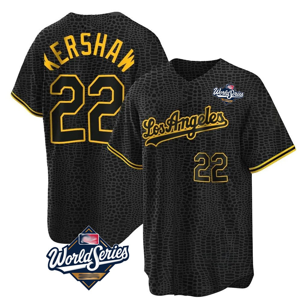 Los Angeles Dodgers #22 Clayton Kershaw Player Black HOLBERT World Series Snake Skin City Game Home Stitched Jerseys