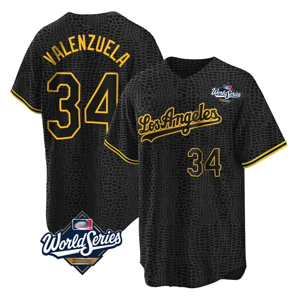 Los Angeles Dodgers #34 Fernando Valenzuela Player Black HOLBERT World Series Snake Skin City Game Home Stitched Jerseys
