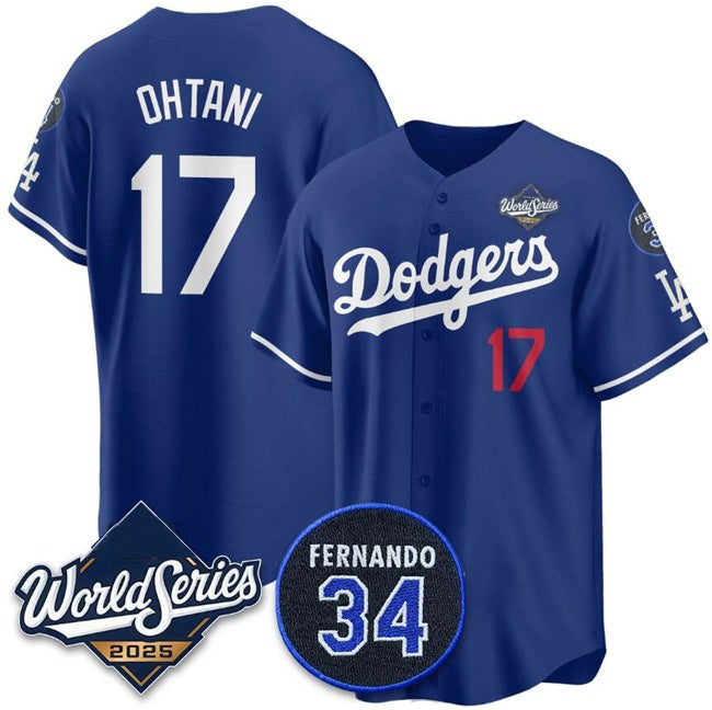 Los Angeles Dodgers #17 Shohei Ohtani Royal HOLBERT 2025 World Series With No.34 Patch Limited Stitched Jersey
