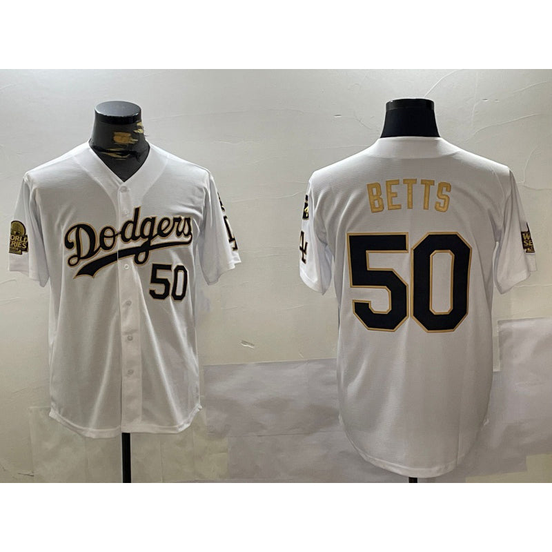 Los Angeles Dodgers #50 mookie betts white gold HOLBERT 2024 world series with fernando memorial patch limited stitched jersey