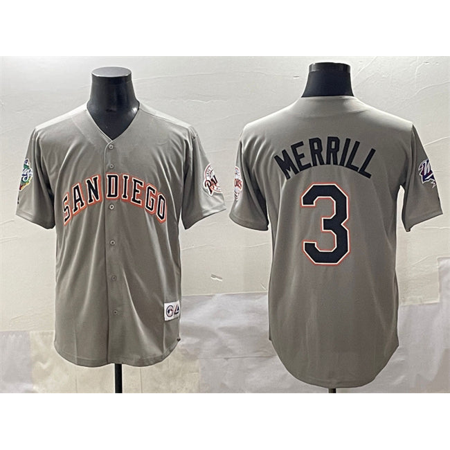 San Diego Padres #3 Jackson Merrill Gray HOLBERT Fashion Throwback With Patch Cool Base Stitched Jersey