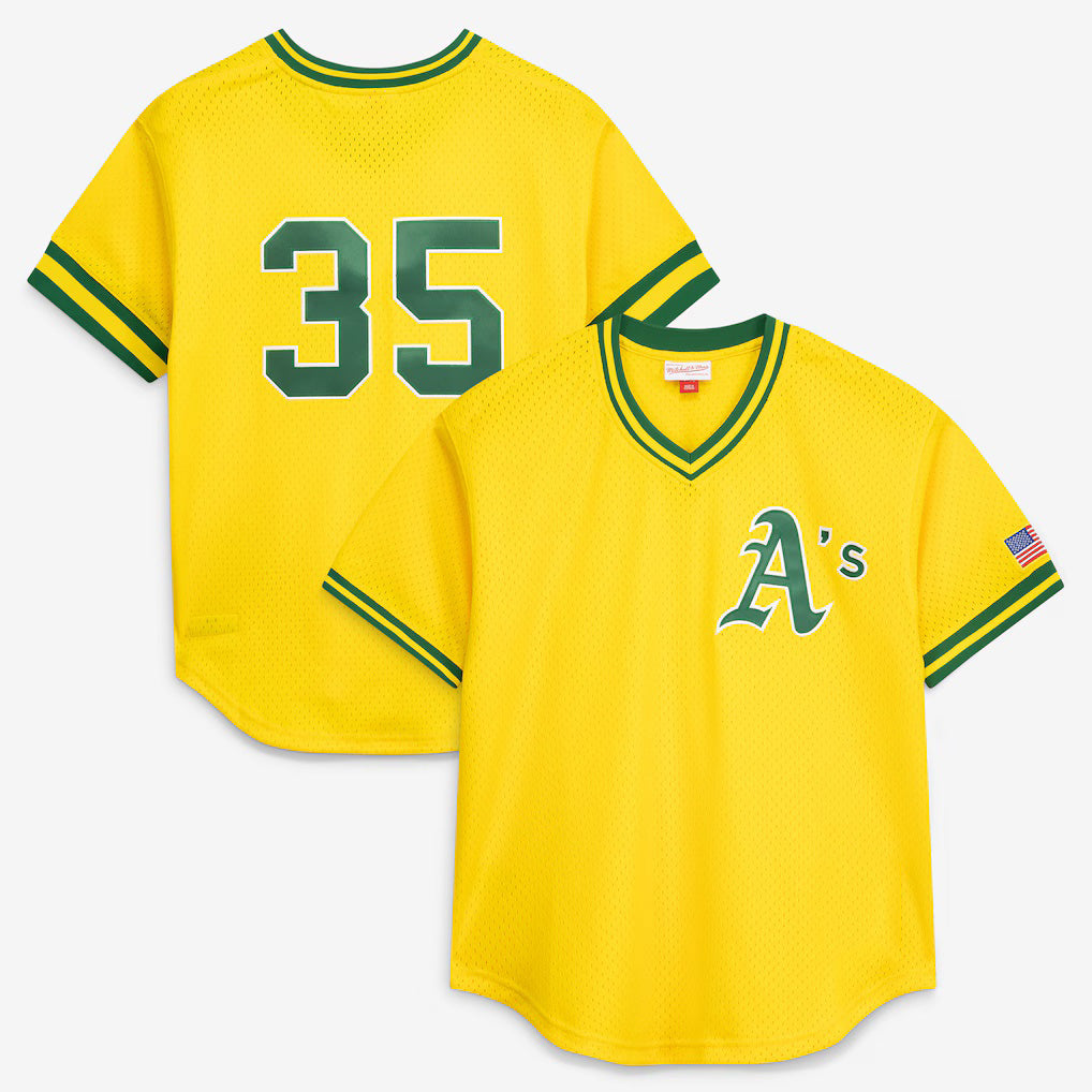 Oakland Athletics #35 Rickey Henderson Mitchell & Ness Yellow HOLBERT Authentic Batting Practice Jersey