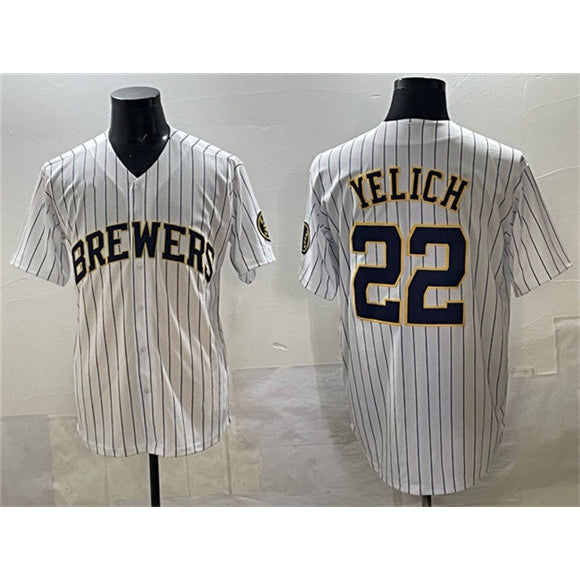 Milwaukee Brewers #22 Christian Yelich White HOLBERT Pinstripe 2025 With Patch Stitched Jersey