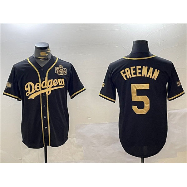 Los Angeles Dodgers #5 Freddie Freeman Black Gold HOLBERT 2024 World Series Patch And Champions Patch Cool Base Stitched Jersey