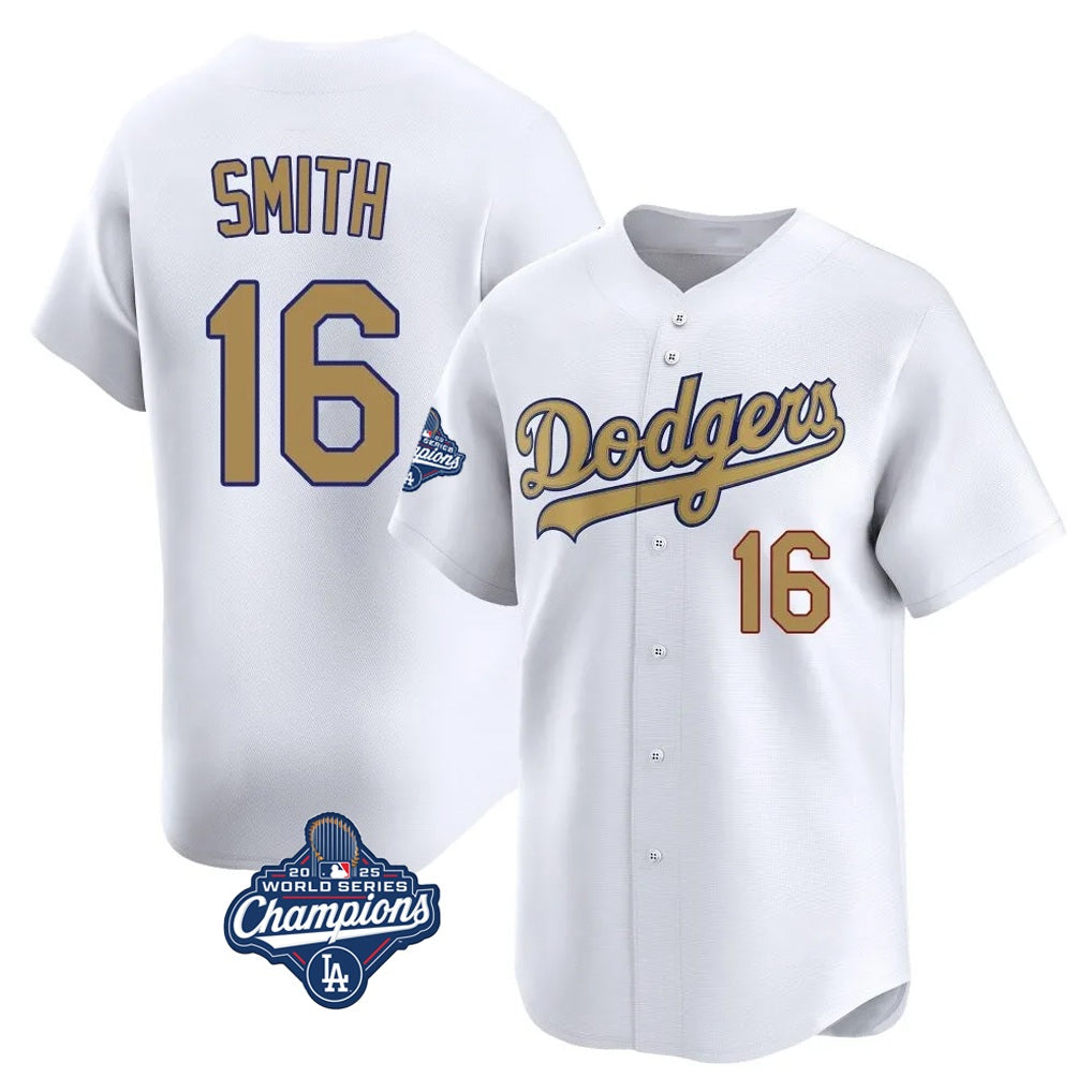 Los Angeles Dodgers #16 Will Smith Player White Gold HOLBERT World Series Meet Collection Limited Home Stitched Jerseys