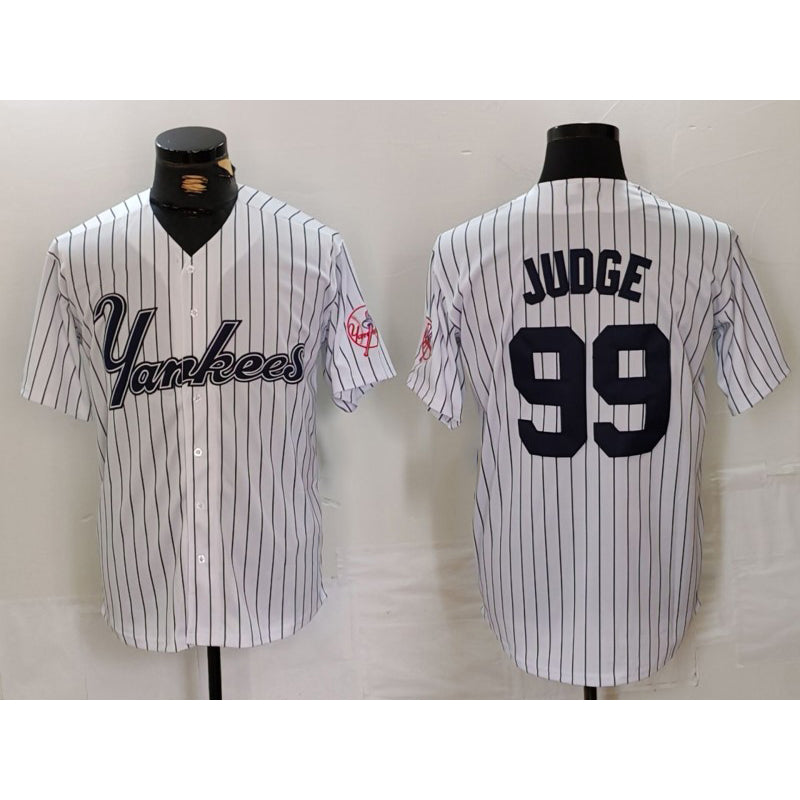 New York Yankees #99 Aaron Judge White HOLBERT Pinstripe Fashion Cool Base Jersey 3