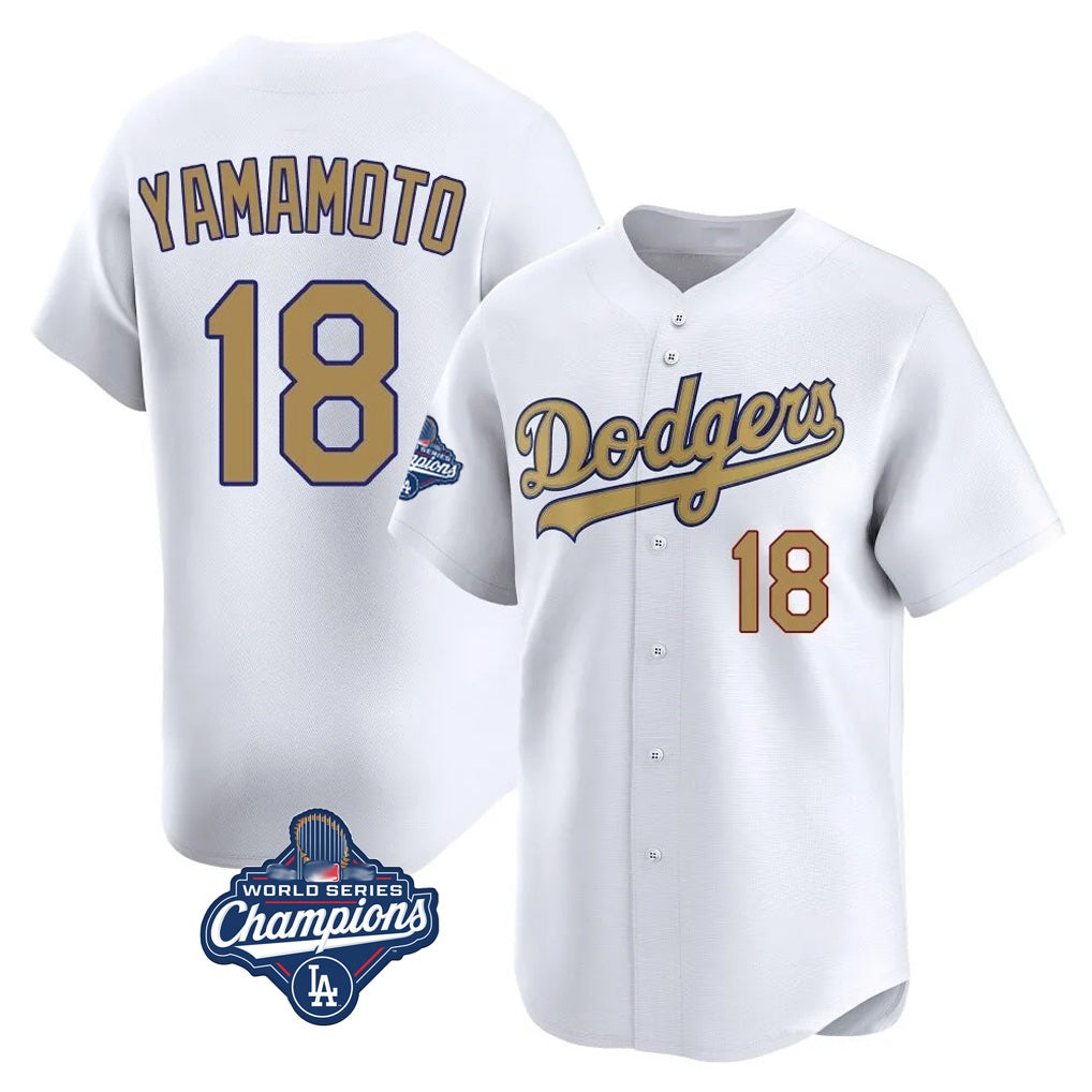 Los Angeles Dodgers #18 Yoshinobu Yamamoto Player White Gold HOLBERT World Series Meet Collection Limited Home Stitched Jerseys