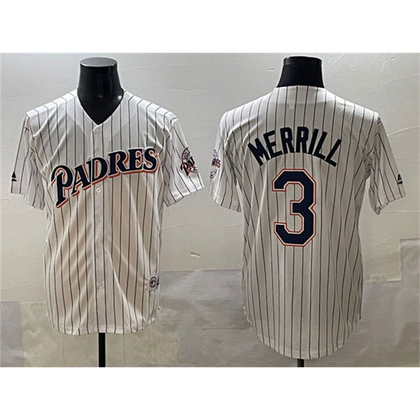 San Diego Padres #3 Jackson Merrill White HOLBERT Throwback With Patch Cool Base Stitched Jersey