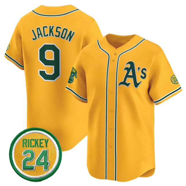 Oakland Athletics #9 Reggie Jackson Yellow HOLBERT 2024 Limited With Rickey Henderson Patch Stitched Jersey