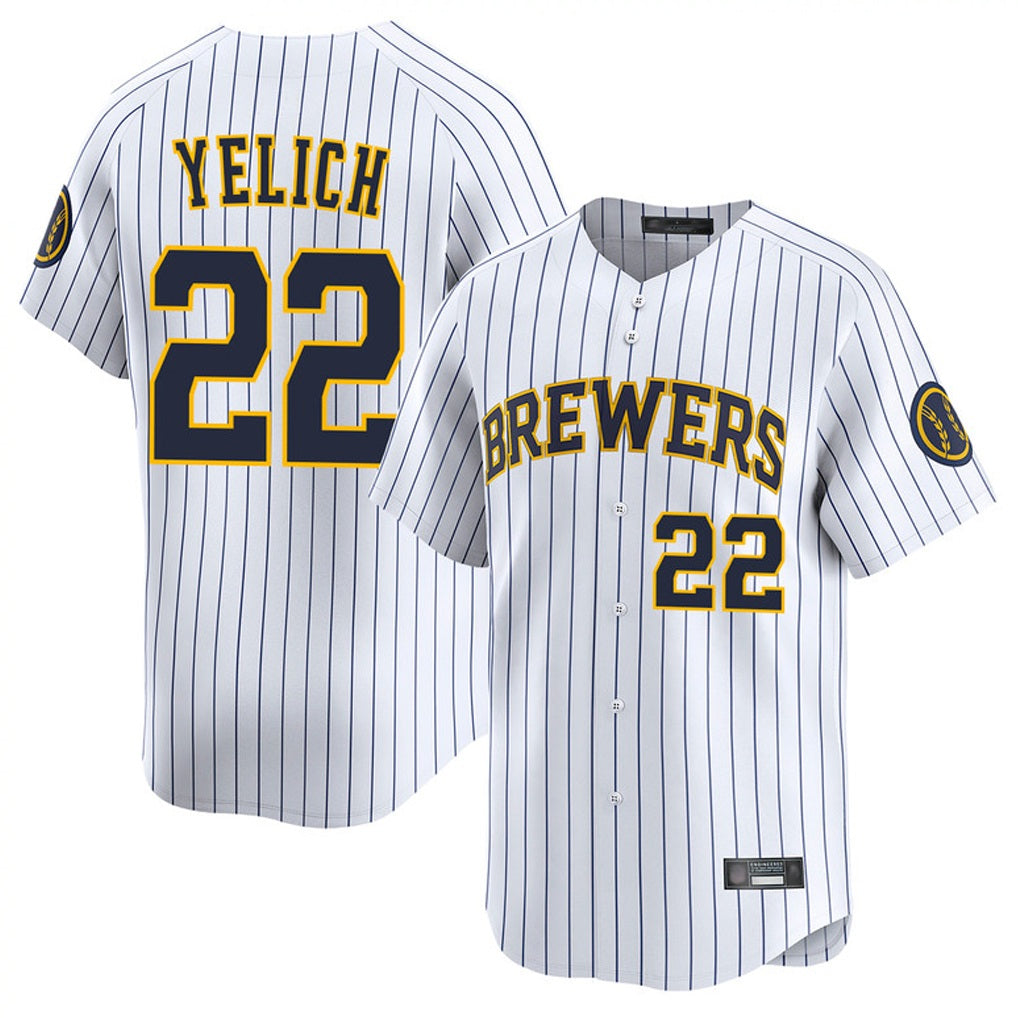 Milwaukee Brewers #22 Christian Yelich Player White HOLBERT Stripes Home Limited Game Stitched Jerseys
