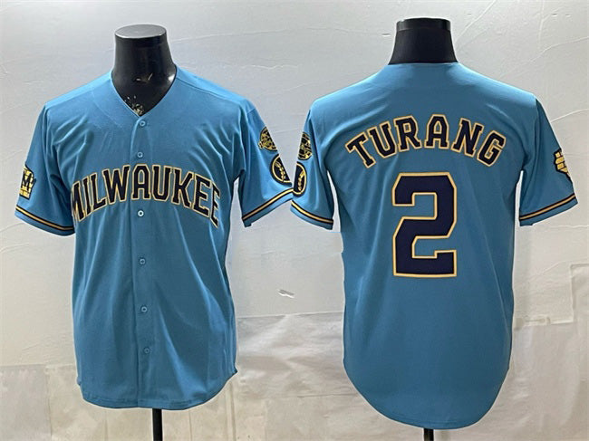 Milwaukee Brewers #2 Brice Turang Blue HOLBERT With Home & Bob Uecker Patch Stitched Jersey