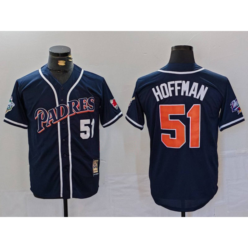 San Diego Padres #51 Trevor Hoffman Navy HOLBERT Player Number Cooperstown Cool Base Jersey
