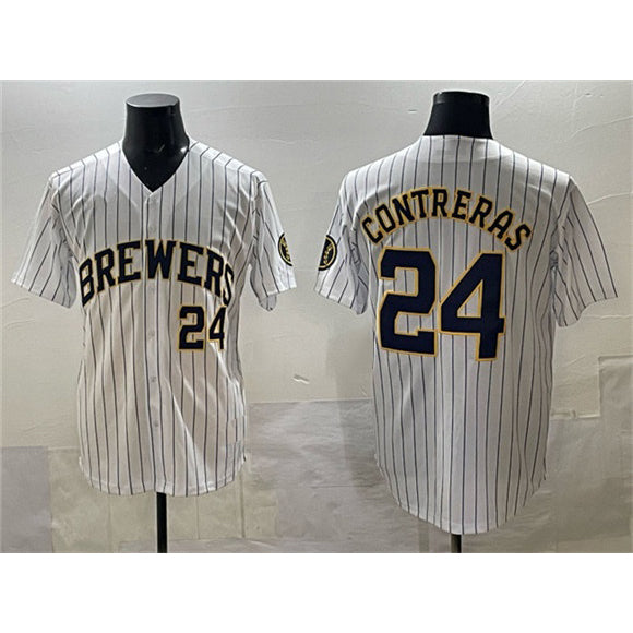 Milwaukee Brewers #24 William Contreras White HOLBERT Pinstripe 2025 With Patch Stitched Stitched Jersey