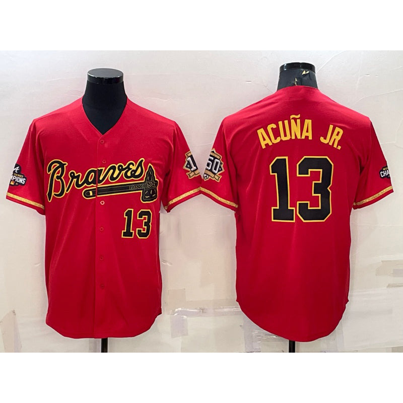 Atlanta Braves #13 Ronald Acuna Jr Red Gold HOLBERT World Series Champions Program Cool Base Stitched Jersey
