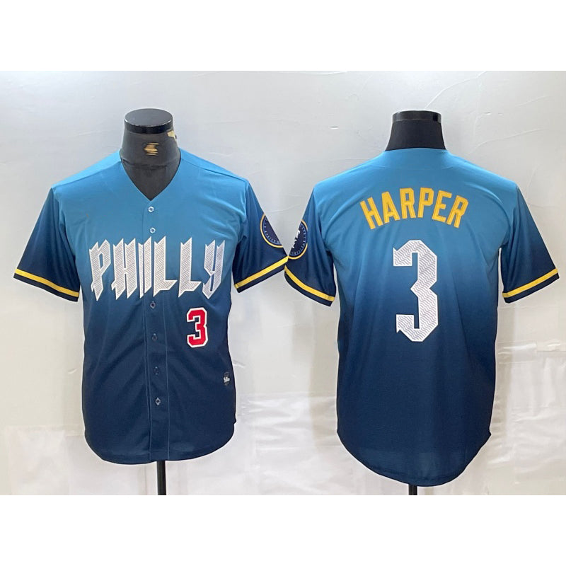 Philadelphia Phillies #3 Bryce Harper Number Blue HOLBERT 2024 City Connect Limited Stitched Jersey 2