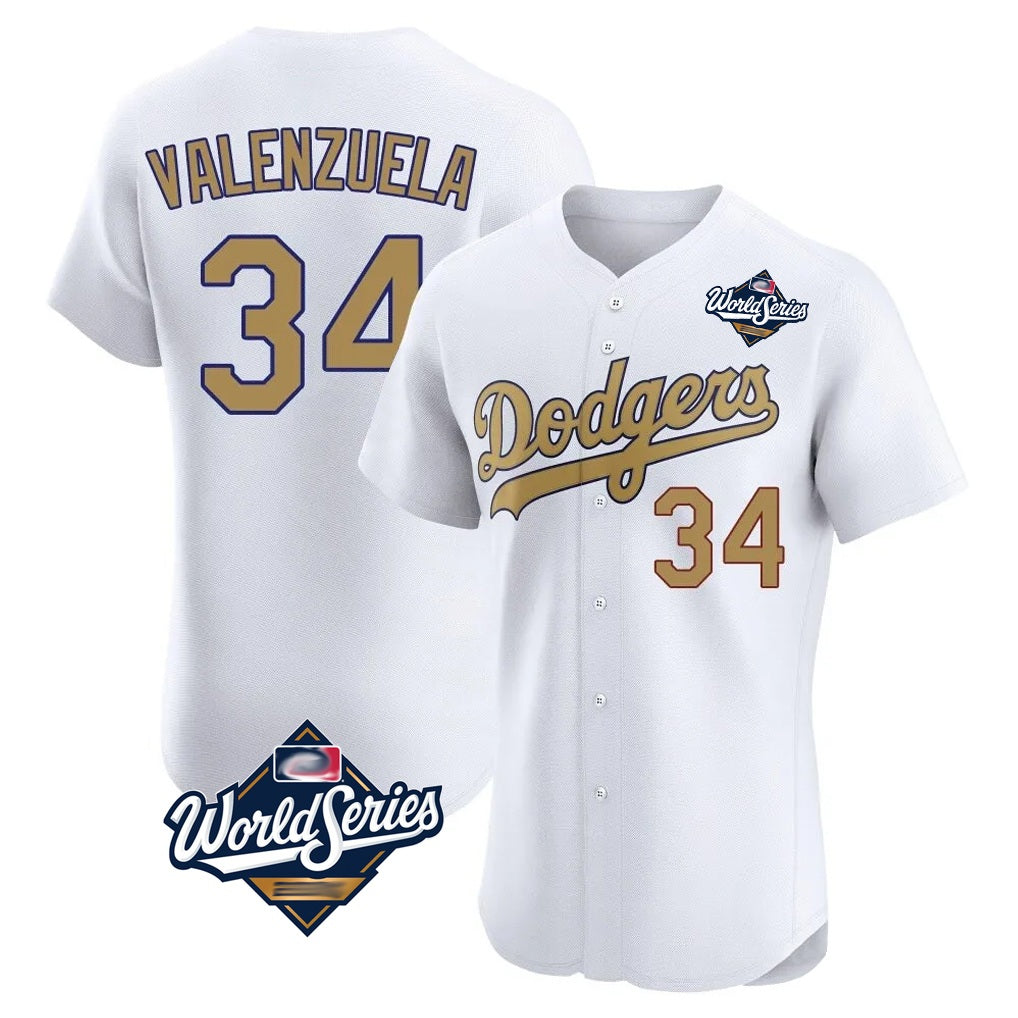 Los Angeles Dodgers #34 Fernando Valenzuela Player White Gold HOLBERT World Series Limited Elite Home Stitched Jerseys