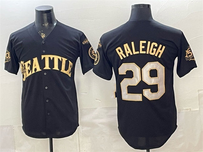 Seattle Mariners #29 Cal Raleigh Black Gold HOLBERT 50th Anniversary & AL West Division Champions Patch Vapor Limited Stitched ersey