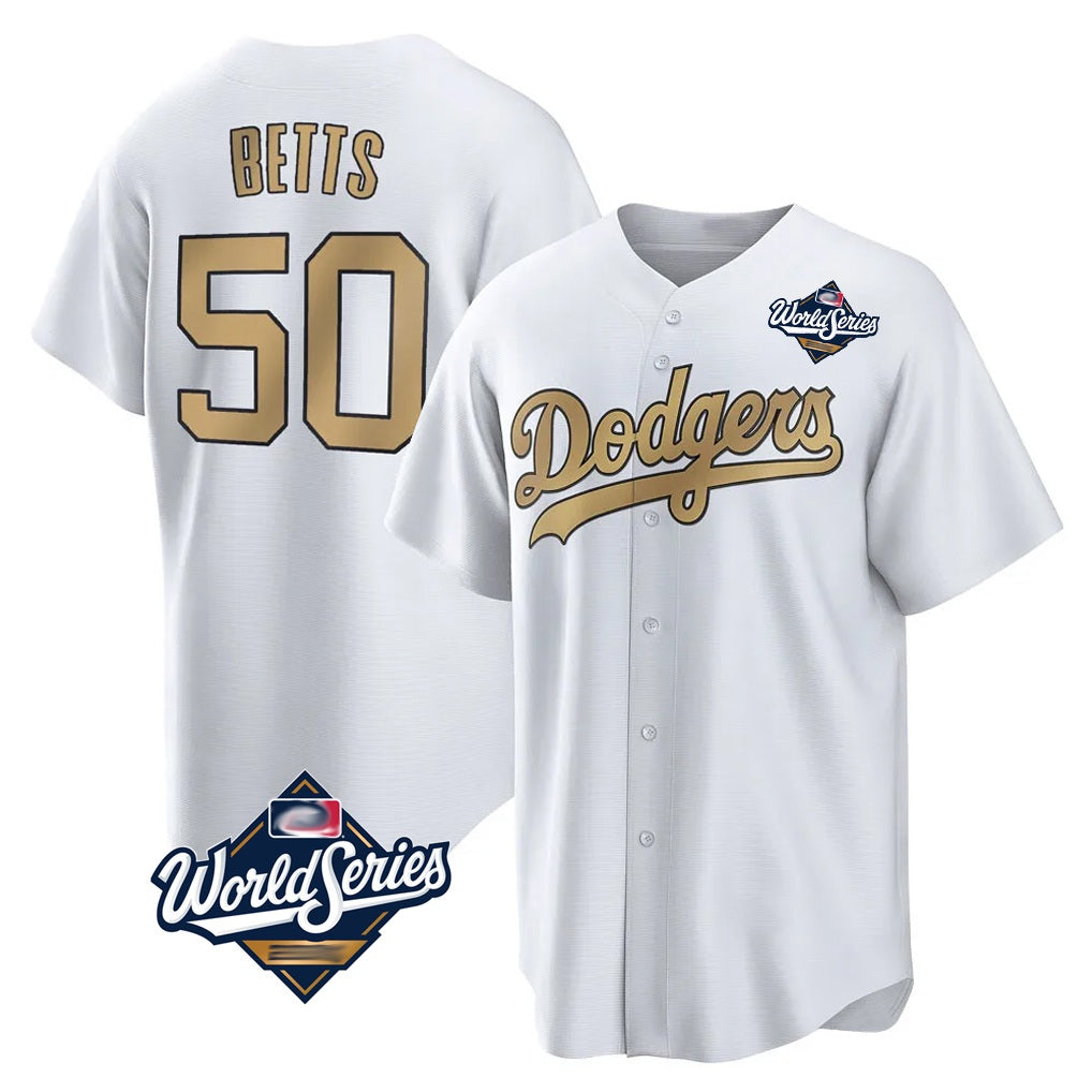 Los Angeles Dodgers #50 Mookie Betts Player White Gold HOLBERT World Series Collection Limited Home Stitched Jerseys