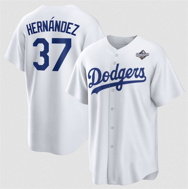 Los Angeles Dodgers #37 Teoscar Hern¨¢ndez White HOLBERT 2025 World Series Home Cool Base Stitched Jersey