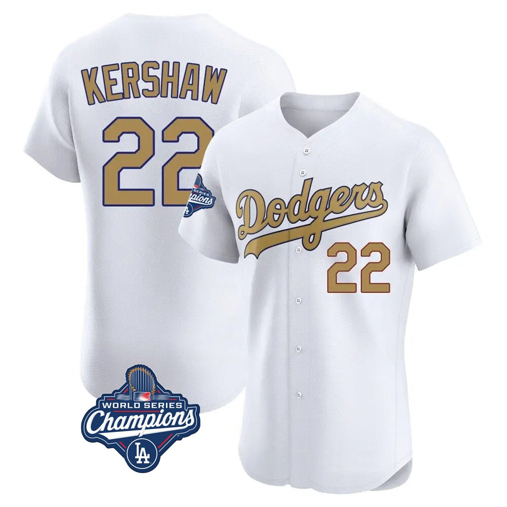 Los Angeles Dodgers #22 Clayton Kershaw Player White Gold HOLBERT World Series Meet Limited Elite Home Stitched Jerseys