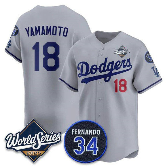 Los Angeles Dodgers #18 Yoshinobu Yamamoto Gray HOLBERT 2025 World Series With No. 34 Patch Limited Stitched Jersey