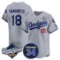 Los Angeles Dodgers #18 Yoshinobu Yamamoto Gray HOLBERT 2025 World Series With No. 34 Patch Limited Stitched Jersey