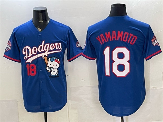 Los Angeles Dodgers #18 Yoshinobu Yamamoto Royal HOLBERT Hello Kitty Night 2025 World Series Champions Patch Stitched Jersey