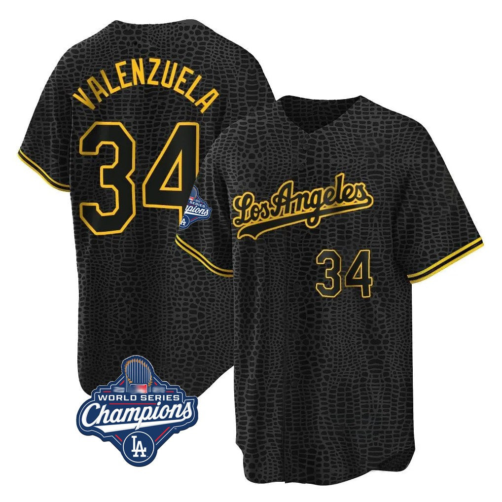 Los Angeles Dodgers #34 Fernando Valenzuela Player Black HOLBERT World Series Meet Snake Skin City Game Home Stitched Jerseys