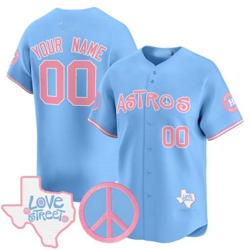 Custom Houston Astros Love Street & Peace Sign Patch Bubblegum Pink Vapor Premier Limited Jersey ¨C All Stitched Blue HOLBERT