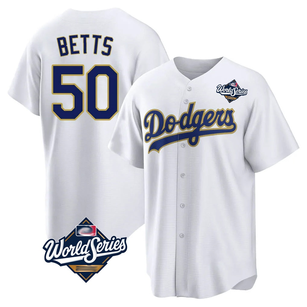 Los Angeles Dodgers #50 Mookie Betts Player Gold White HOLBERT World Series 2026 Collection Stadium Game Stitched Jerseys