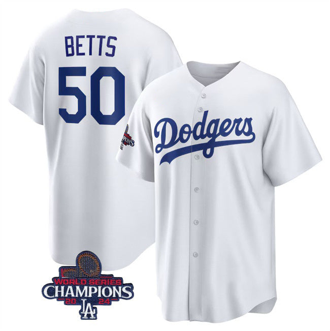 Los Angeles Dodgers #50 Mookie Betts White HOLBERT 2024 World Series Champions Cool Base Stitched Jersey