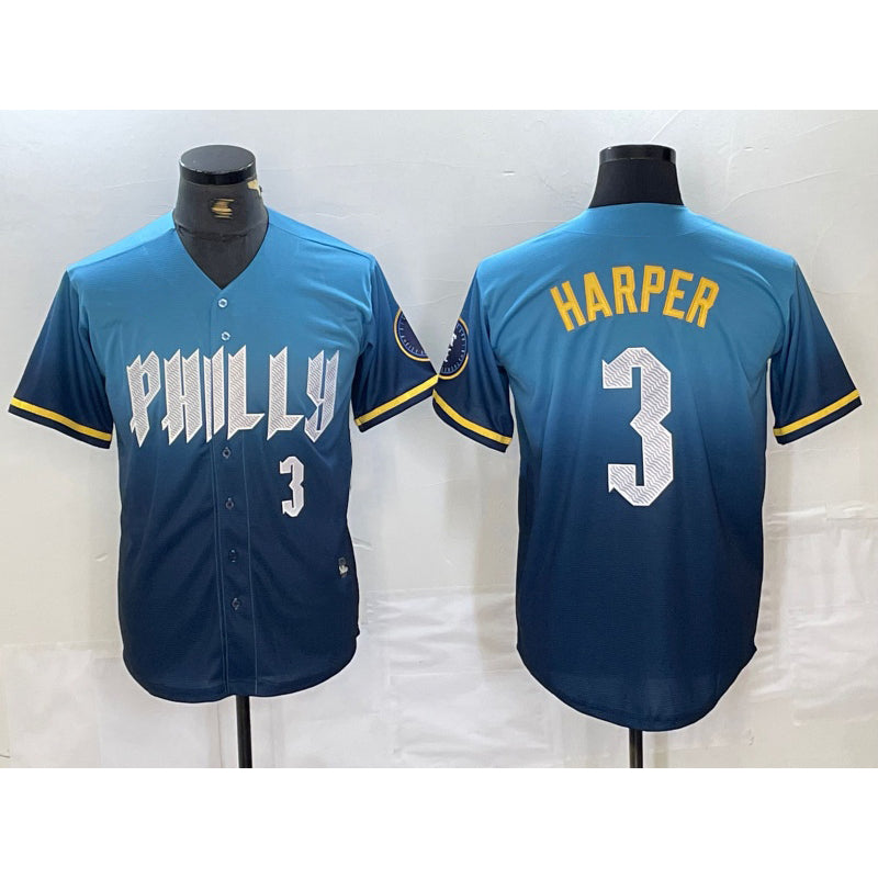 Philadelphia Phillies #3 Bryce Harper Number Blue HOLBERT 2024 City Connect Limited Stitched Jersey